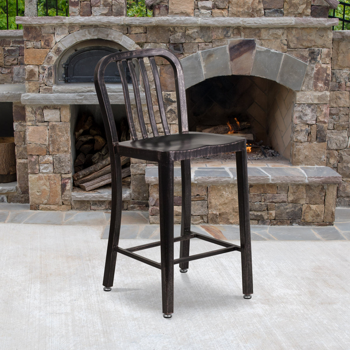 Black-Antique Gold |#| 24inch High Black-Gold Metal Indoor-Outdoor Counter Height Stool with Slat Back