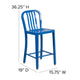 Blue |#| 24inch High Blue Metal Indoor-Outdoor Counter Height Stool with Vertical Slat Back