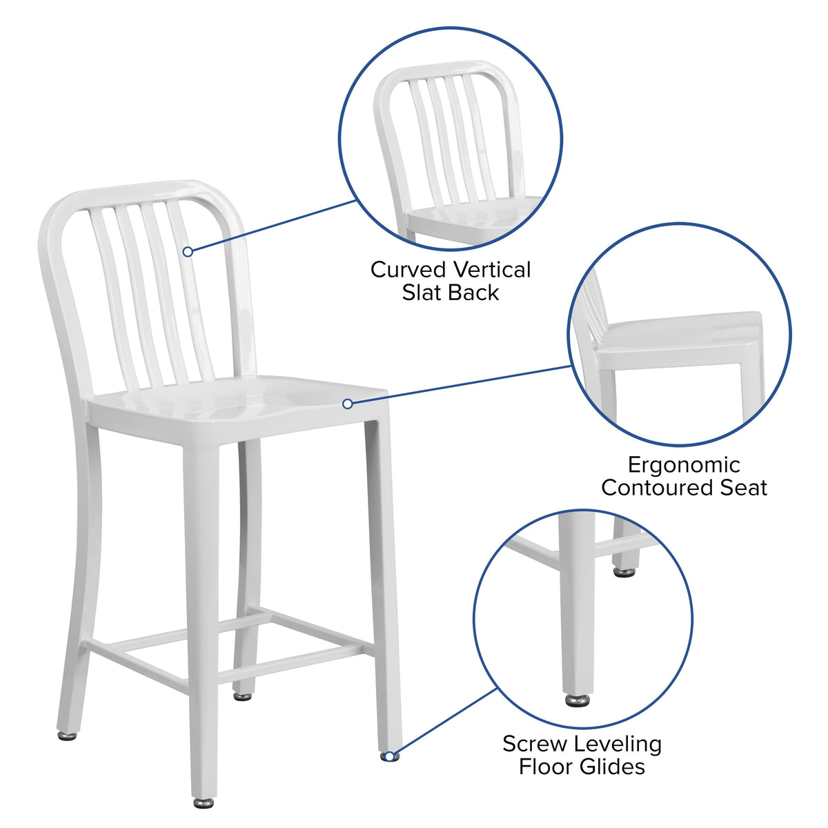 White |#| 24inch High White Metal Indoor-Outdoor Counter Height Stool with Vertical Slat Back