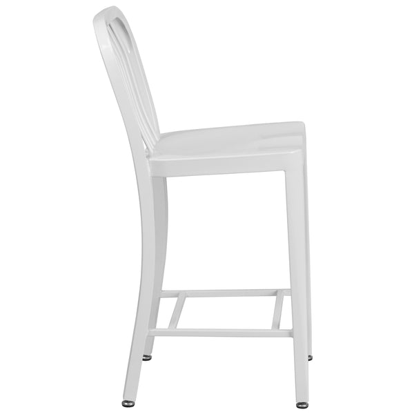 White |#| 24inch High White Metal Indoor-Outdoor Counter Height Stool with Vertical Slat Back