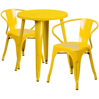Commercial Grade 24" Round Metal Indoor-Outdoor Table Set with 2 Arm Chairs - View 1