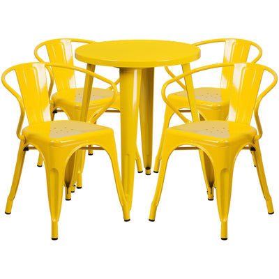 Commercial Grade 24" Round Metal Indoor-Outdoor Table Set with 4 Arm Chairs - View 1