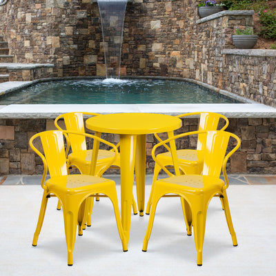 Commercial Grade 24" Round Metal Indoor-Outdoor Table Set with 4 Arm Chairs - View 2