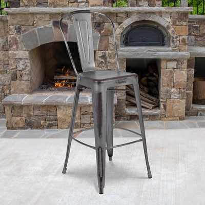 Commercial Grade 30" High Distressed Metal Indoor-Outdoor Barstool with Back - View 2