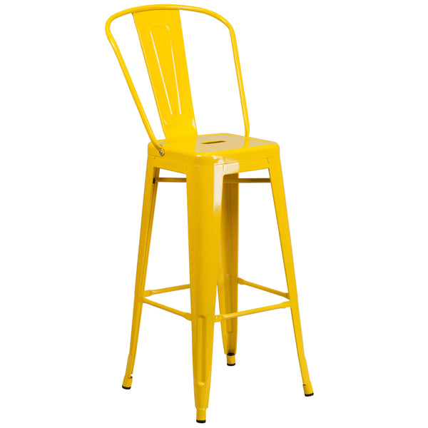 Yellow |#| 30inch High Yellow Metal Indoor-Outdoor Barstool with Back - Kitchen Furniture