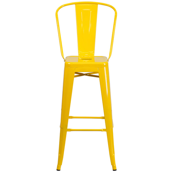 Yellow |#| 30inch High Yellow Metal Indoor-Outdoor Barstool with Back - Kitchen Furniture