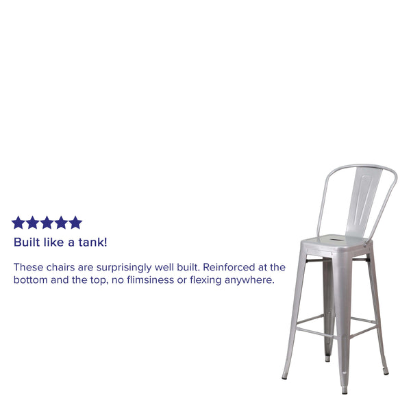 Silver |#| 30inch High Silver Metal Indoor-Outdoor Barstool with Back - Kitchen Furniture
