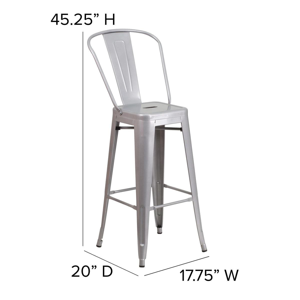 Silver |#| 30inch High Silver Metal Indoor-Outdoor Barstool with Back - Kitchen Furniture
