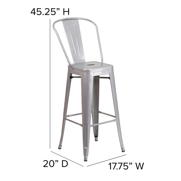 Silver |#| 30inch High Silver Metal Indoor-Outdoor Barstool with Back - Kitchen Furniture