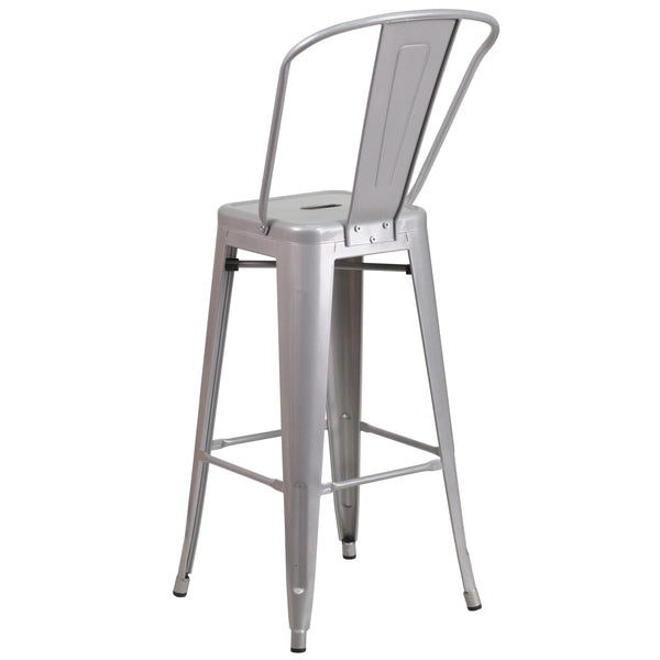 Silver |#| 30inch High Silver Metal Indoor-Outdoor Barstool with Back - Kitchen Furniture