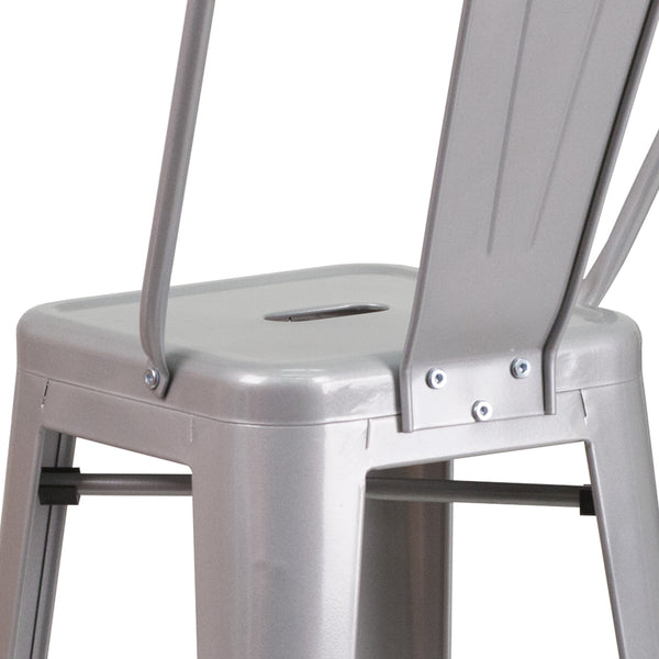 Silver |#| 30inch High Silver Metal Indoor-Outdoor Barstool with Back - Kitchen Furniture