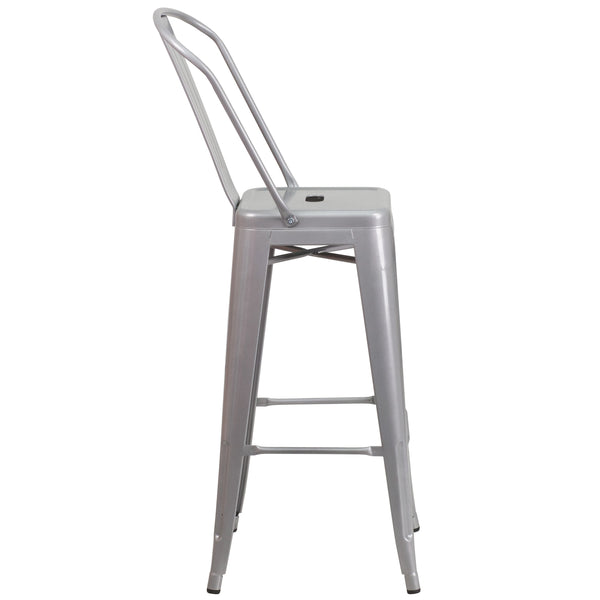 Silver |#| 30inch High Silver Metal Indoor-Outdoor Barstool with Back - Kitchen Furniture