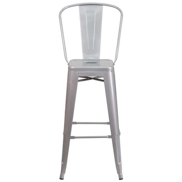 Silver |#| 30inch High Silver Metal Indoor-Outdoor Barstool with Back - Kitchen Furniture