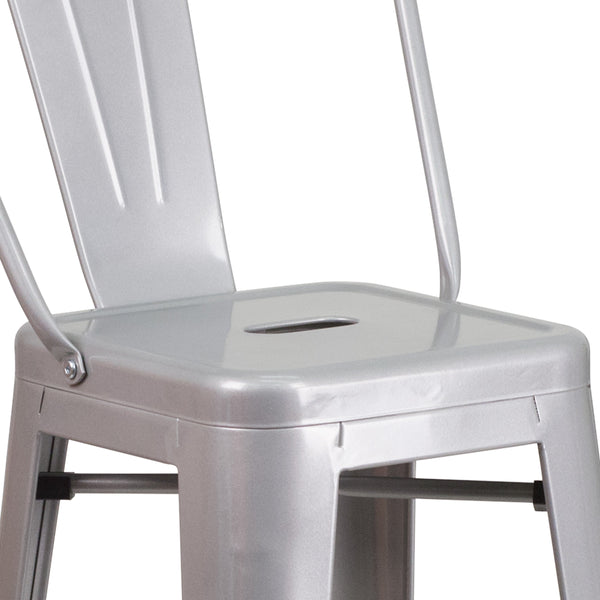 Silver |#| 30inch High Silver Metal Indoor-Outdoor Barstool with Back - Kitchen Furniture