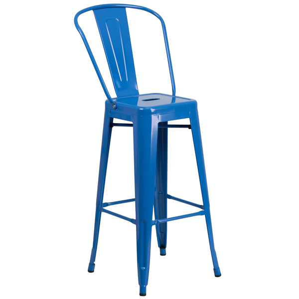 Blue |#| 30inch High Blue Metal Indoor-Outdoor Barstool with Back - Kitchen Furniture