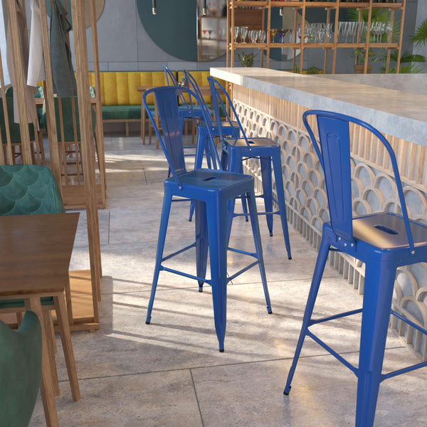 Blue |#| 30inch High Blue Metal Indoor-Outdoor Barstool with Back - Kitchen Furniture