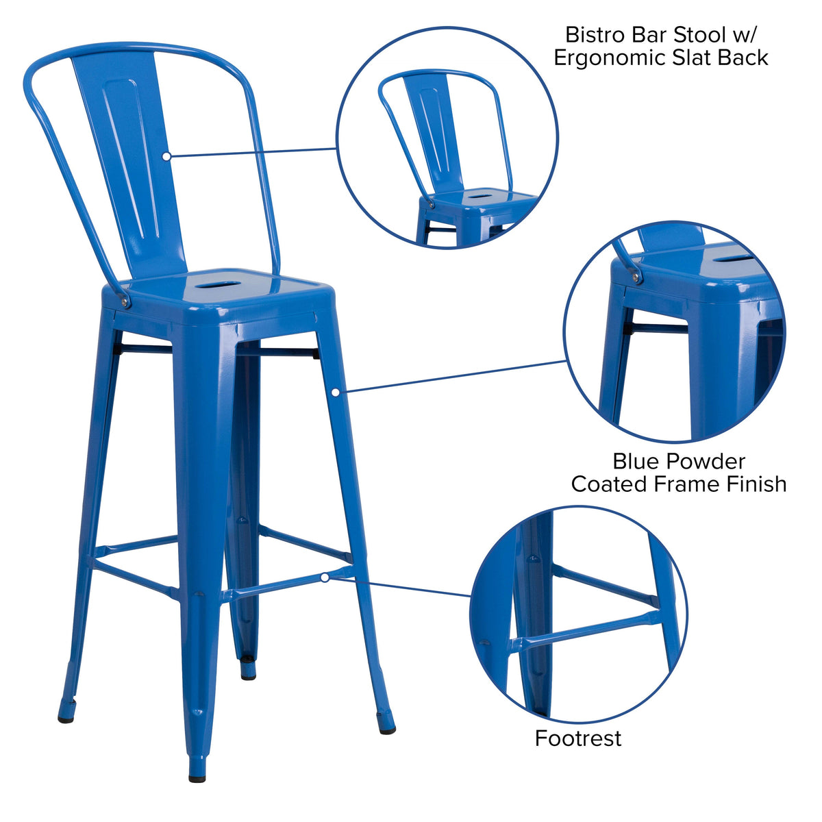 Blue |#| 30inch High Blue Metal Indoor-Outdoor Barstool with Back - Kitchen Furniture