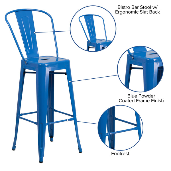 Blue |#| 30inch High Blue Metal Indoor-Outdoor Barstool with Back - Kitchen Furniture