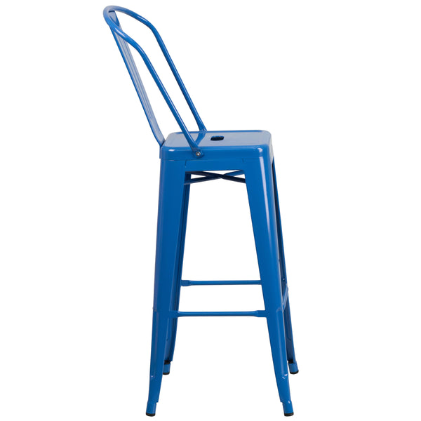 Blue |#| 30inch High Blue Metal Indoor-Outdoor Barstool with Back - Kitchen Furniture