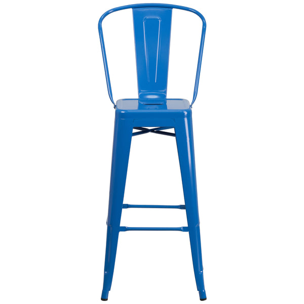 Blue |#| 30inch High Blue Metal Indoor-Outdoor Barstool with Back - Kitchen Furniture