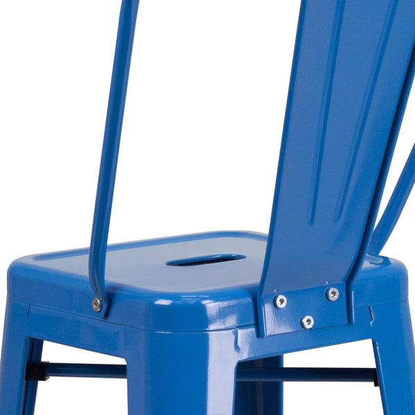 Blue |#| 30inch High Blue Metal Indoor-Outdoor Barstool with Back - Kitchen Furniture