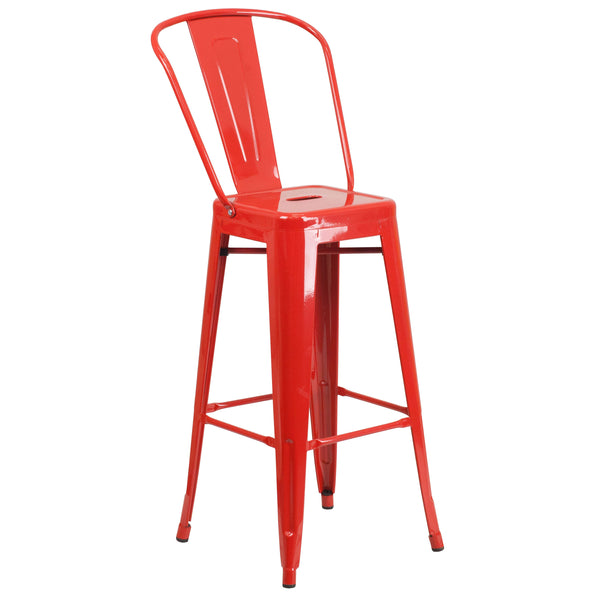 Red |#| 30inch High Red Metal Indoor-Outdoor Barstool with Back - Kitchen Furniture