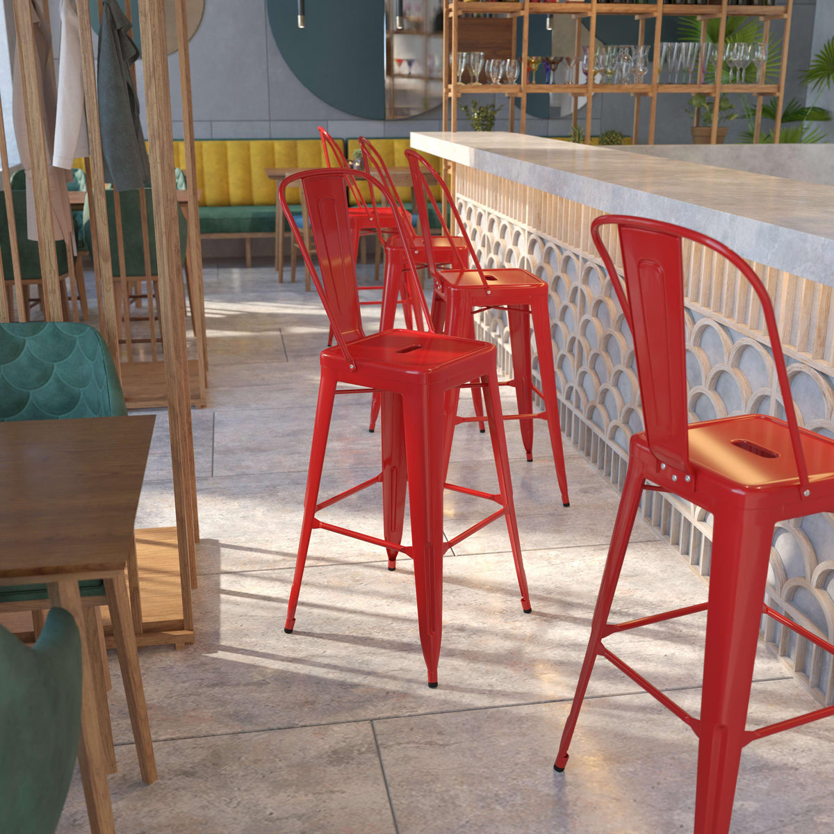 Red |#| 30inch High Red Metal Indoor-Outdoor Barstool with Back - Kitchen Furniture