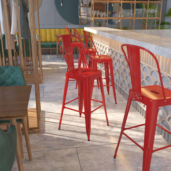 Red |#| 30inch High Red Metal Indoor-Outdoor Barstool with Back - Kitchen Furniture