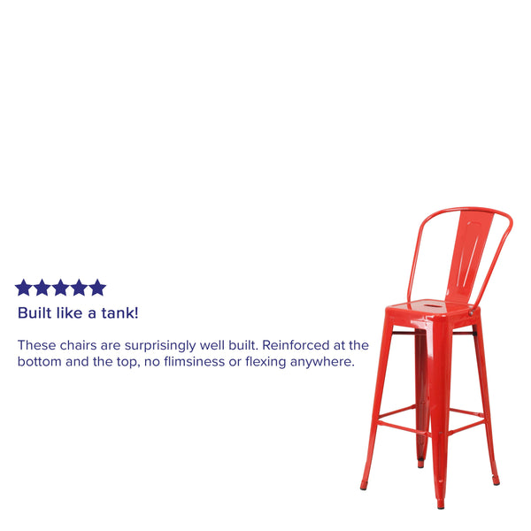 Red |#| 30inch High Red Metal Indoor-Outdoor Barstool with Back - Kitchen Furniture