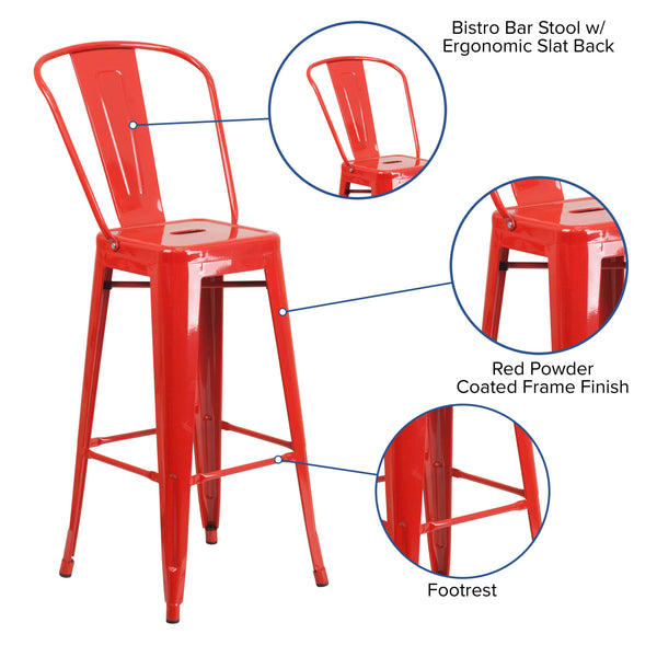 Red |#| 30inch High Red Metal Indoor-Outdoor Barstool with Back - Kitchen Furniture