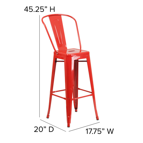 Red |#| 30inch High Red Metal Indoor-Outdoor Barstool with Back - Kitchen Furniture