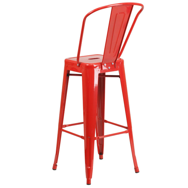 Red |#| 30inch High Red Metal Indoor-Outdoor Barstool with Back - Kitchen Furniture