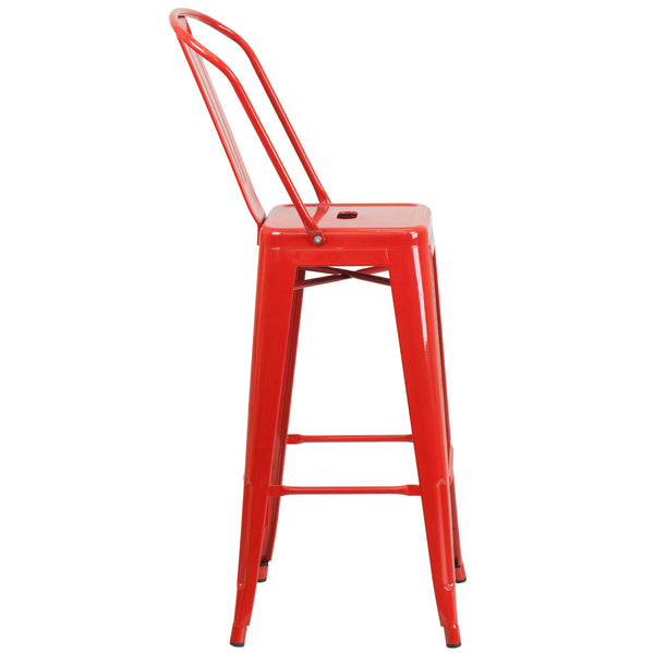 Red |#| 30inch High Red Metal Indoor-Outdoor Barstool with Back - Kitchen Furniture