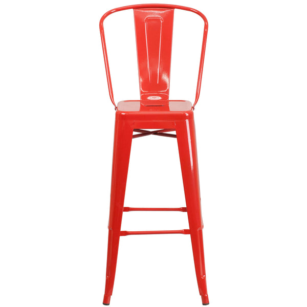 Red |#| 30inch High Red Metal Indoor-Outdoor Barstool with Back - Kitchen Furniture
