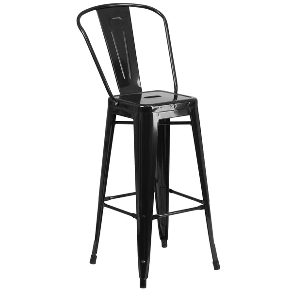 Black |#| 30inch High Black Metal Indoor-Outdoor Barstool with Back - Kitchen Furniture