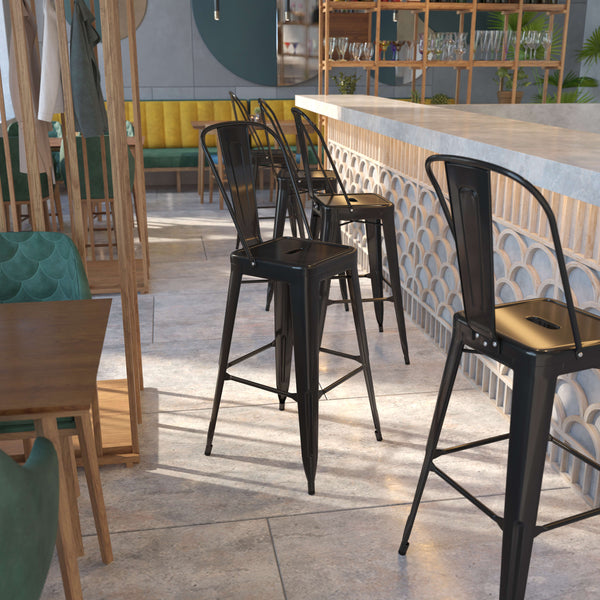 Black |#| 30inch High Black Metal Indoor-Outdoor Barstool with Back - Kitchen Furniture