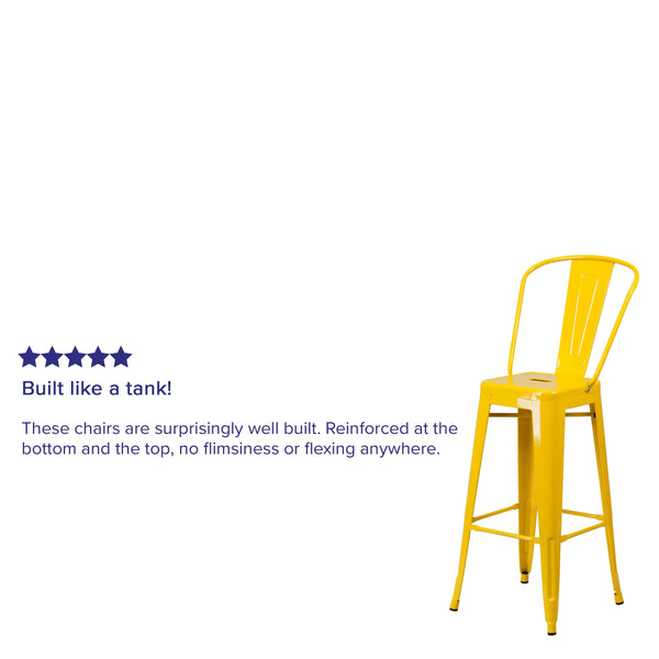 Yellow |#| 30inch High Yellow Metal Indoor-Outdoor Barstool with Back - Kitchen Furniture