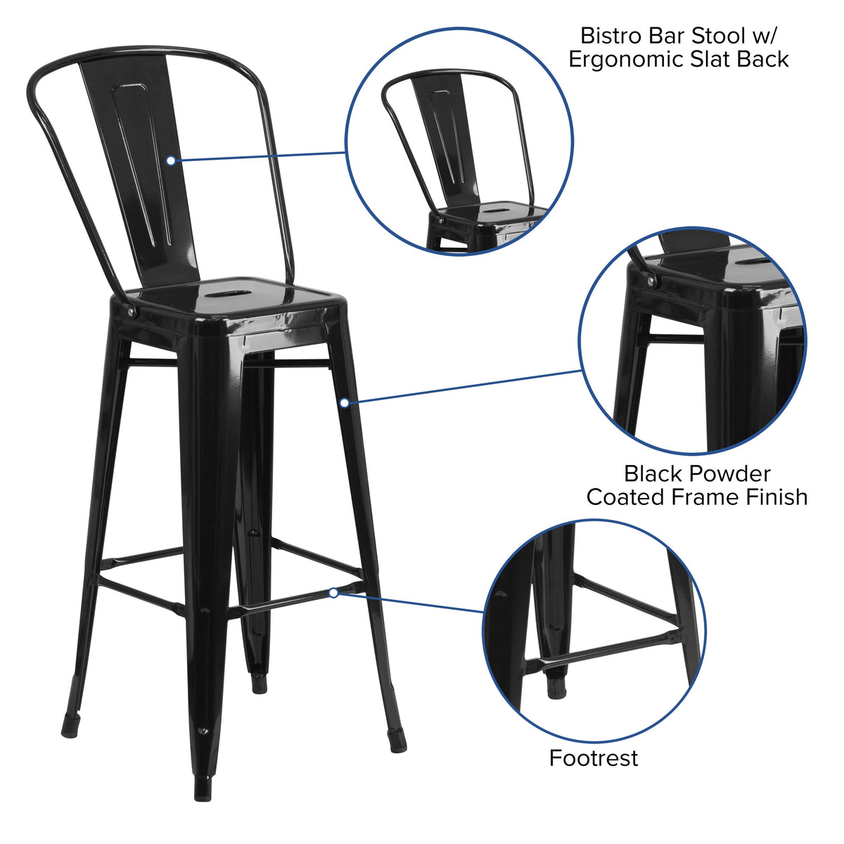 Black |#| 30inch High Black Metal Indoor-Outdoor Barstool with Back - Kitchen Furniture