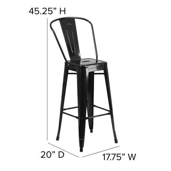 Black |#| 30inch High Black Metal Indoor-Outdoor Barstool with Back - Kitchen Furniture