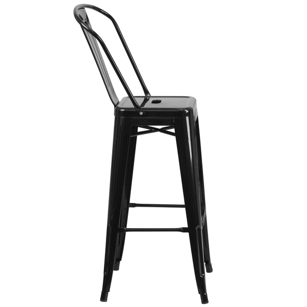 Black |#| 30inch High Black Metal Indoor-Outdoor Barstool with Back - Kitchen Furniture