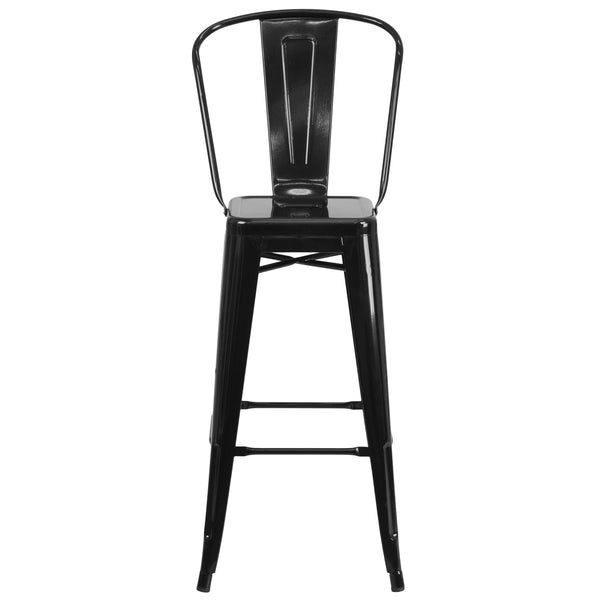 Black |#| 30inch High Black Metal Indoor-Outdoor Barstool with Back - Kitchen Furniture