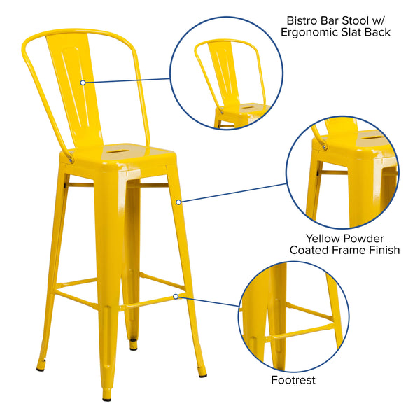 Yellow |#| 30inch High Yellow Metal Indoor-Outdoor Barstool with Back - Kitchen Furniture