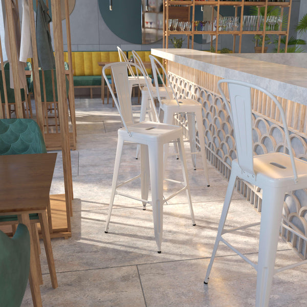 White |#| 30inch High White Metal Indoor-Outdoor Barstool with Back - Kitchen Furniture