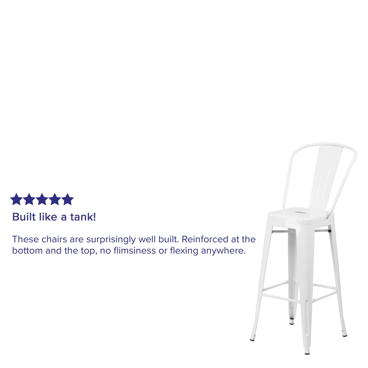 White |#| 30inch High White Metal Indoor-Outdoor Barstool with Back - Kitchen Furniture