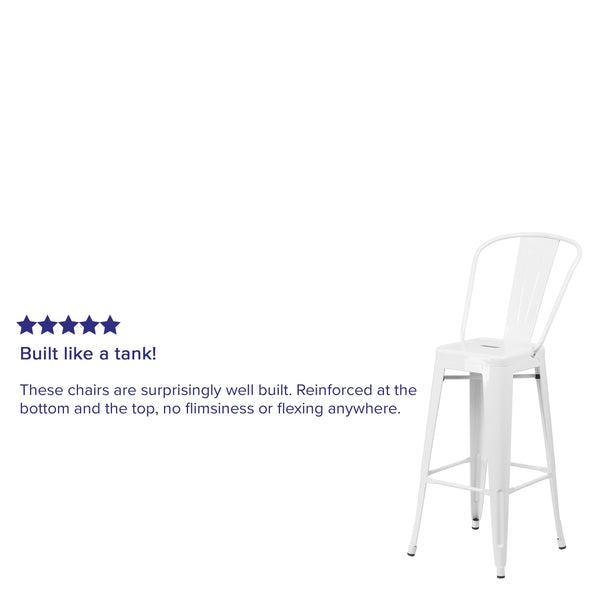White |#| 30inch High White Metal Indoor-Outdoor Barstool with Back - Kitchen Furniture