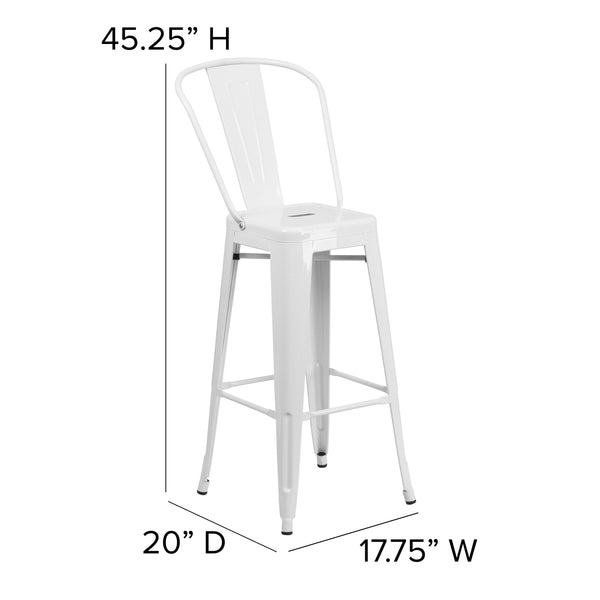 White |#| 30inch High White Metal Indoor-Outdoor Barstool with Back - Kitchen Furniture