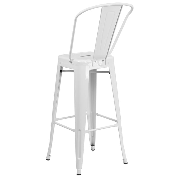White |#| 30inch High White Metal Indoor-Outdoor Barstool with Back - Kitchen Furniture