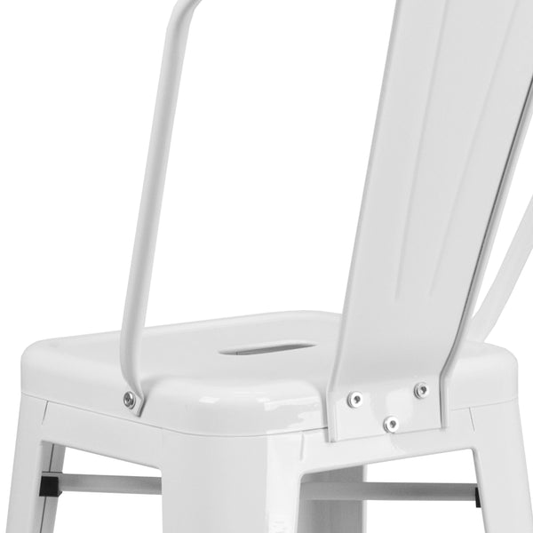White |#| 30inch High White Metal Indoor-Outdoor Barstool with Back - Kitchen Furniture