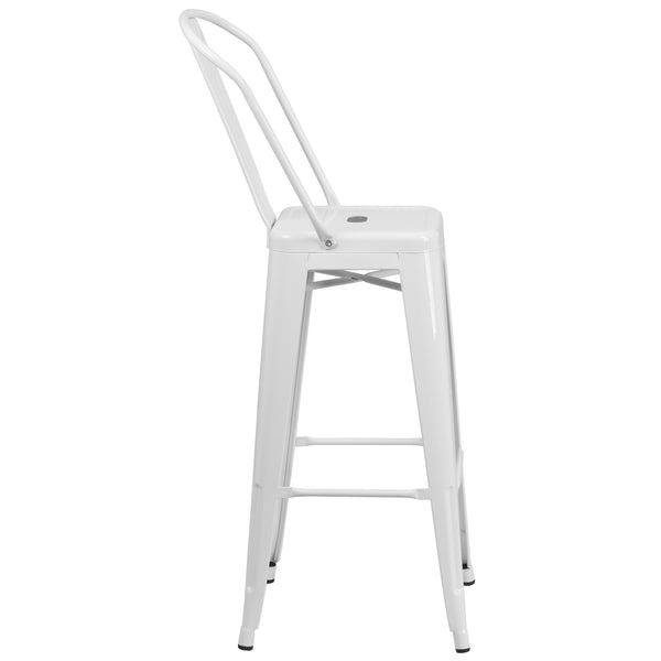 White |#| 30inch High White Metal Indoor-Outdoor Barstool with Back - Kitchen Furniture