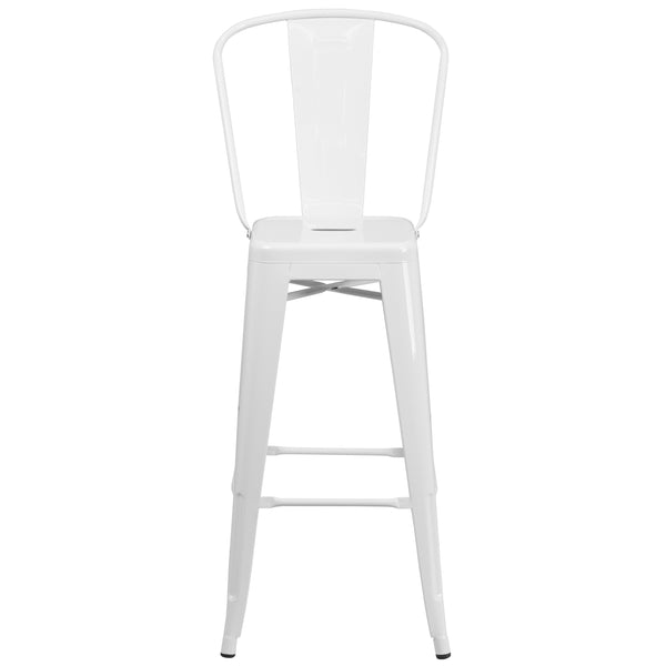 White |#| 30inch High White Metal Indoor-Outdoor Barstool with Back - Kitchen Furniture